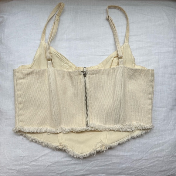 Cream Denim Cropped Bustier Tank with Frayed Hem - Picture 2 of 4